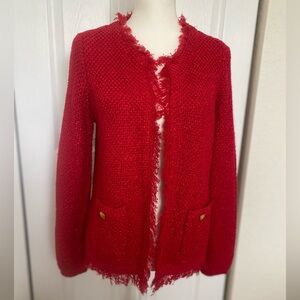 Chico's Red Fuzzy Cardigan with Distressed Edges